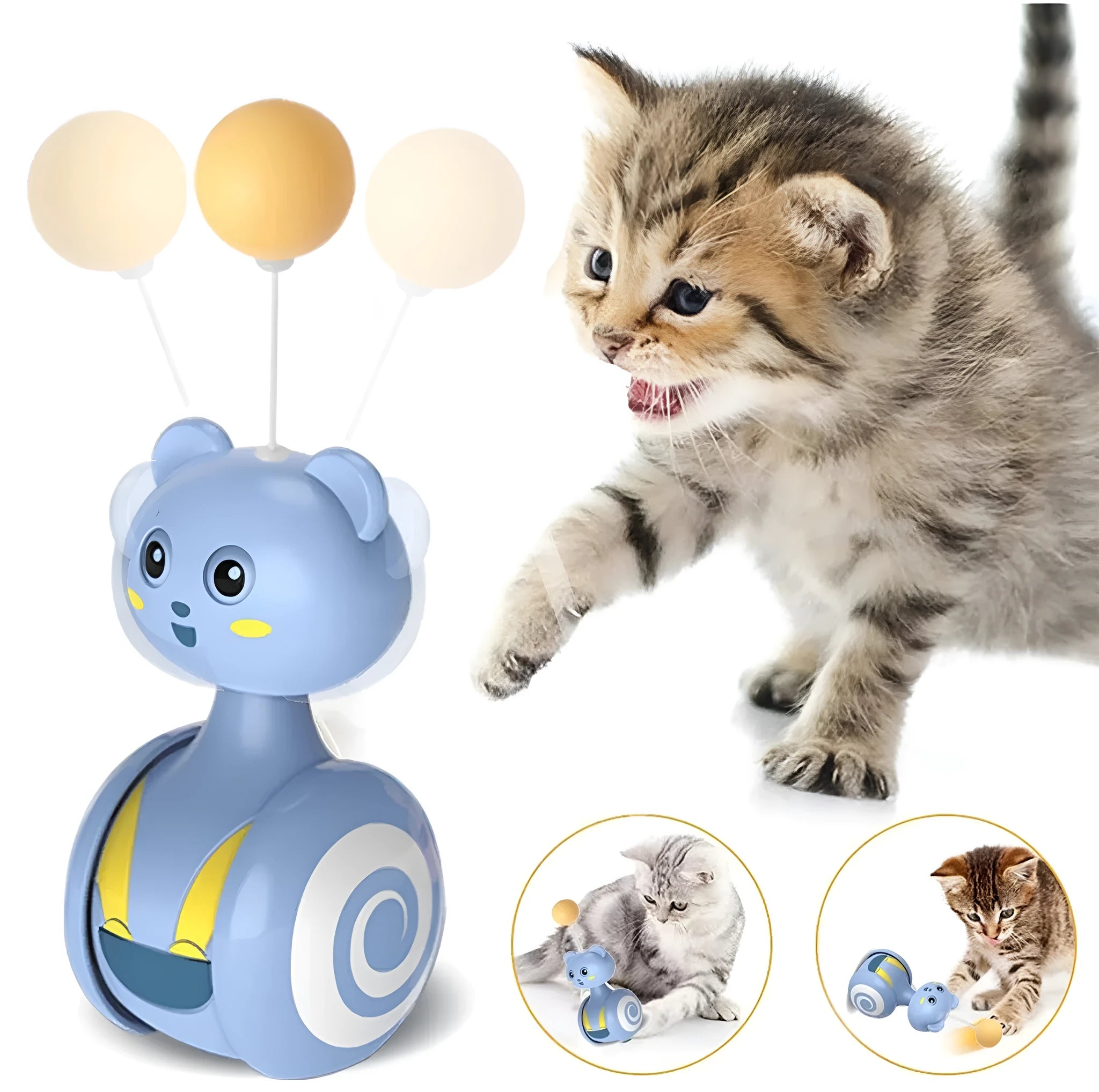 Pink and blue cat interactive toy with feather wand and rolling ball on wooden floor