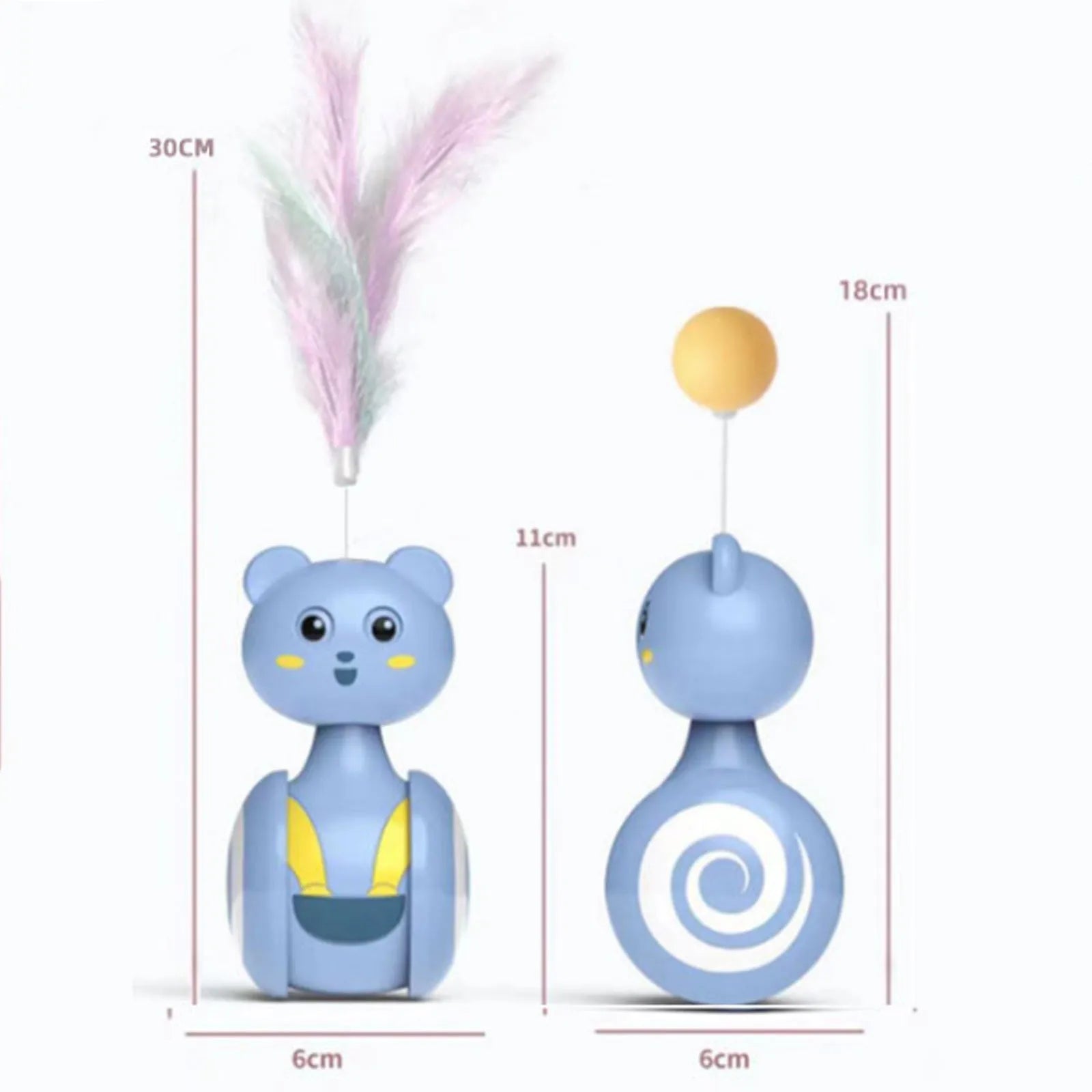 Pink and blue cat interactive toy with feather wand and rolling ball on wooden floor