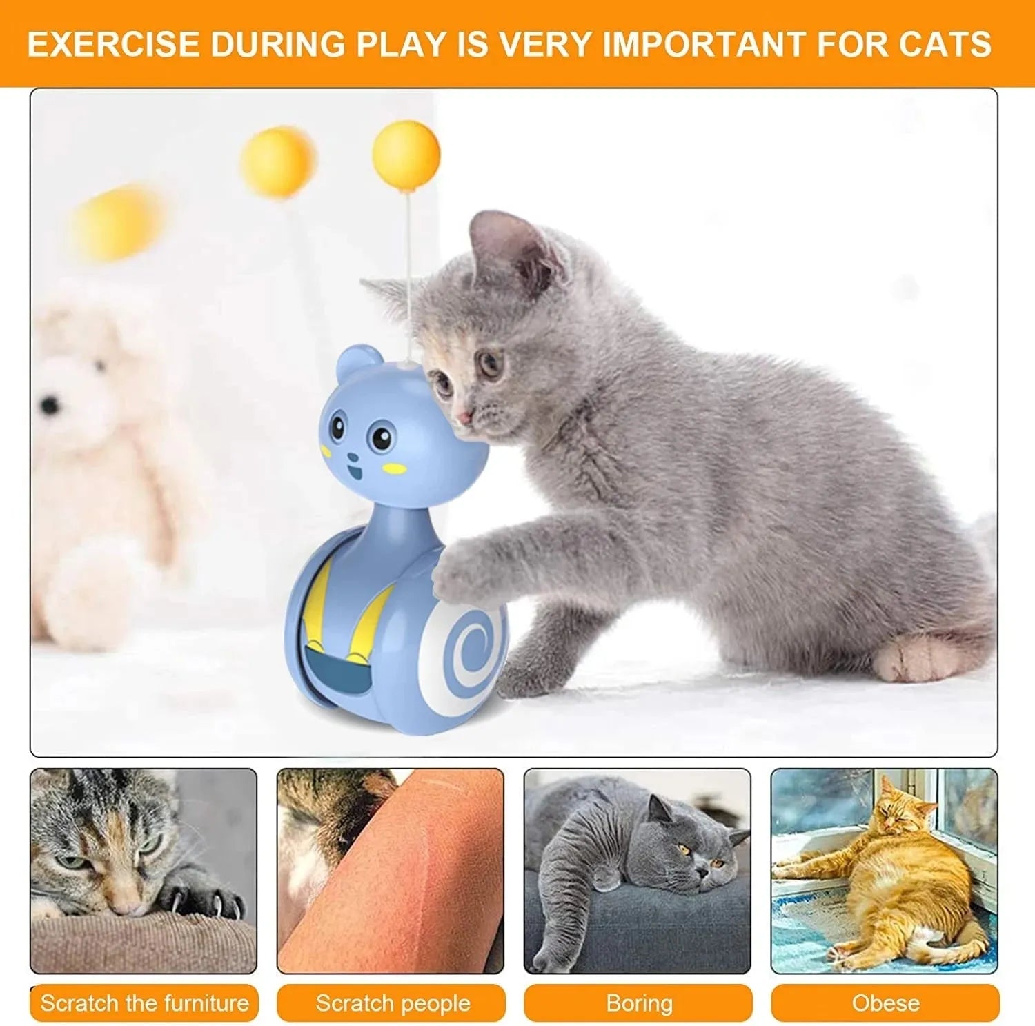Pink and blue cat interactive toy with feather wand and rolling ball on wooden floor