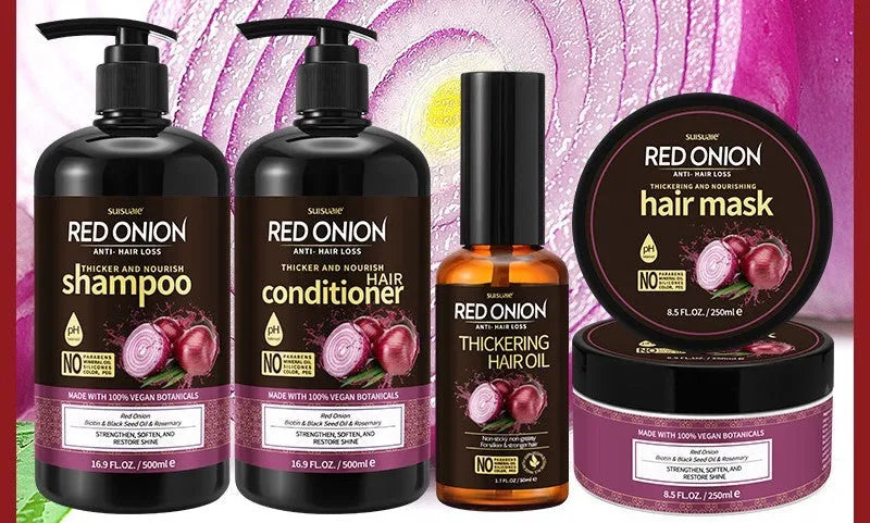 Red onion shampoo conditioner four-piece set showing 500ml shampoo, 500ml conditioner, 250ml hair mask, and 50ml essential oil bottles
