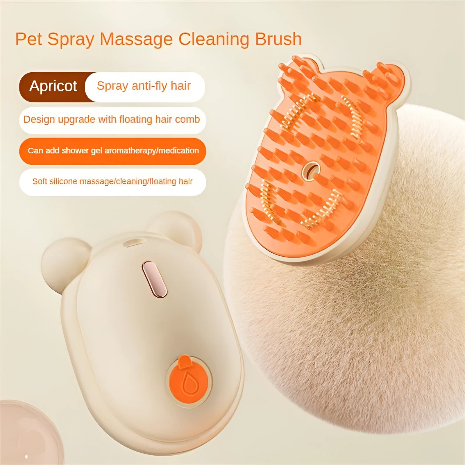 Pink pet grooming brush with spray function, massage teeth, and removable silicone comb head for dog and cat hair removal