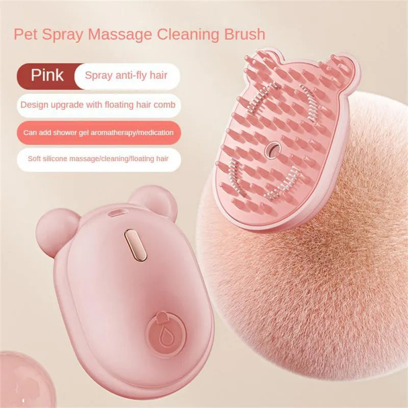 Pink pet grooming brush with spray function, massage teeth, and removable silicone comb head for dog and cat hair removal
