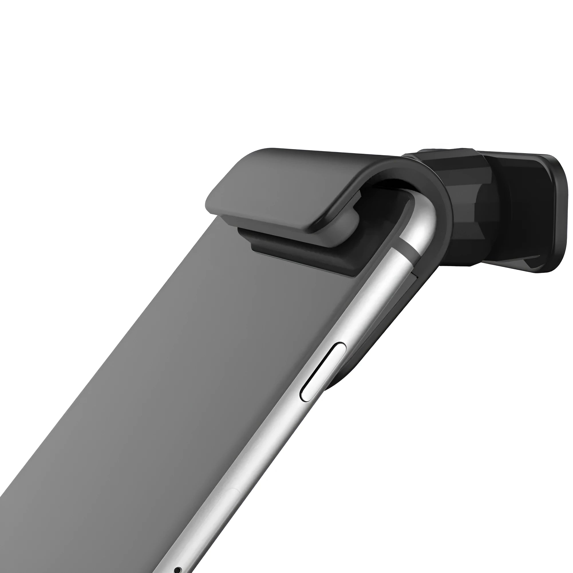 Black universal car phone holder with 360-degree rotation ball joint mounted on dashboard