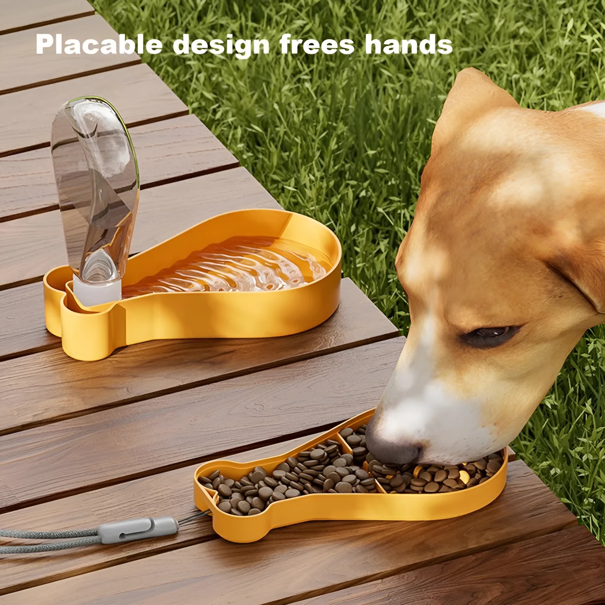 Orange and white portable pet water feeder showing water bottle and food container compartments with carrying sling