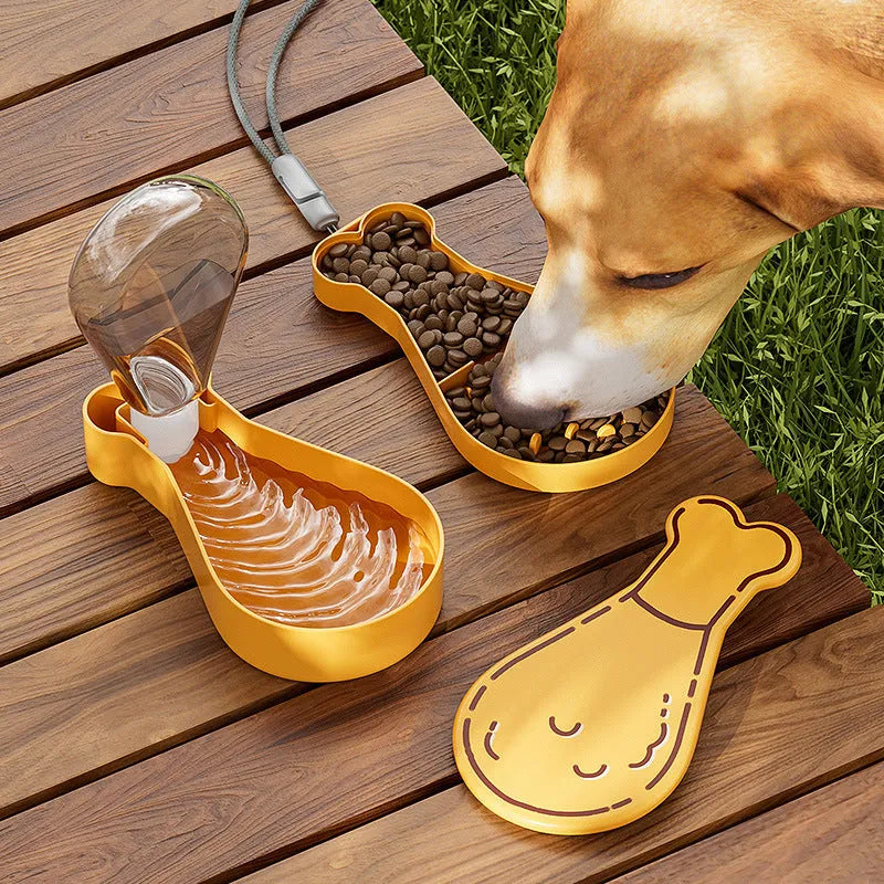 Orange and white portable pet water feeder showing water bottle and food container compartments with carrying sling