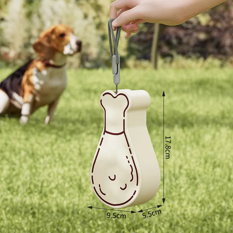 Orange and white portable pet water feeder showing water bottle and food container compartments with carrying sling