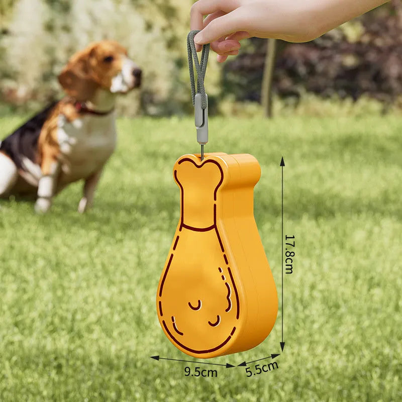 Orange and white portable pet water feeder showing water bottle and food container compartments with carrying sling