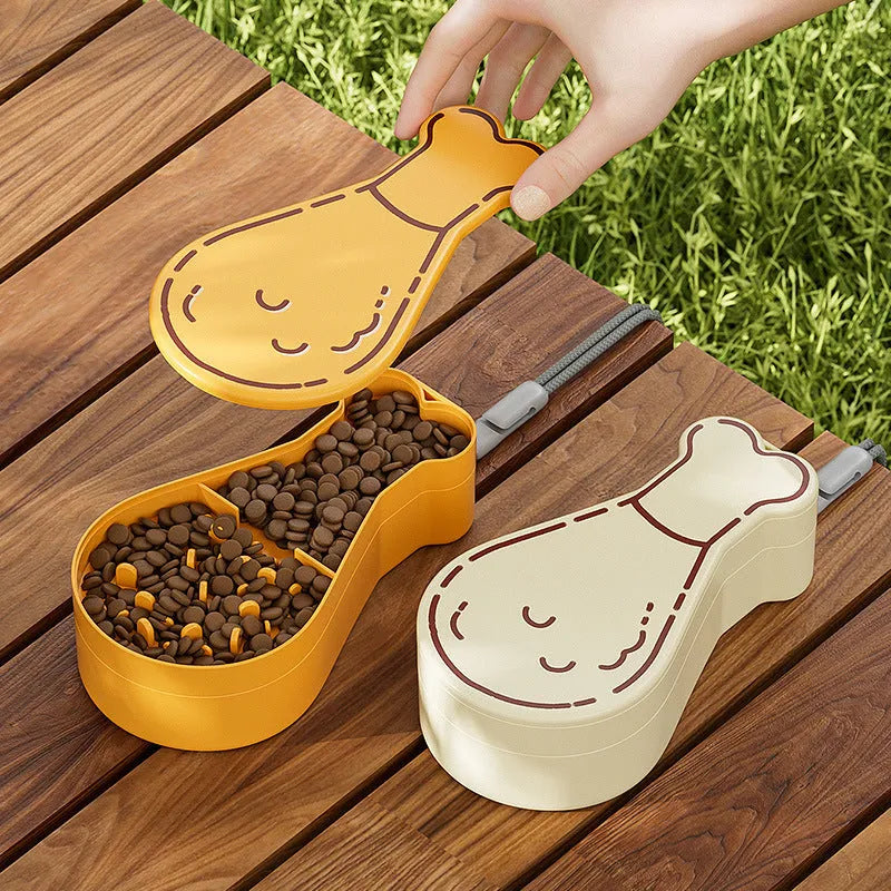 Orange and white portable pet water feeder showing water bottle and food container compartments with carrying sling