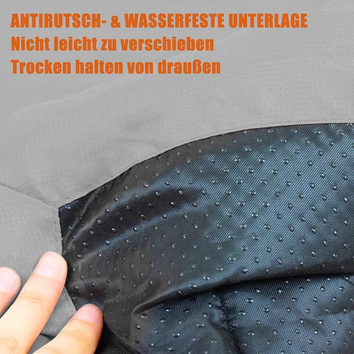 Blue foldable outdoor dog bed showing folded size next to unfolded mat on grass