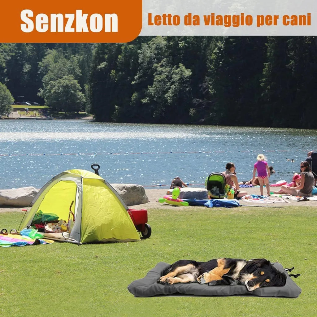 Blue foldable outdoor dog bed showing folded size next to unfolded mat on grass