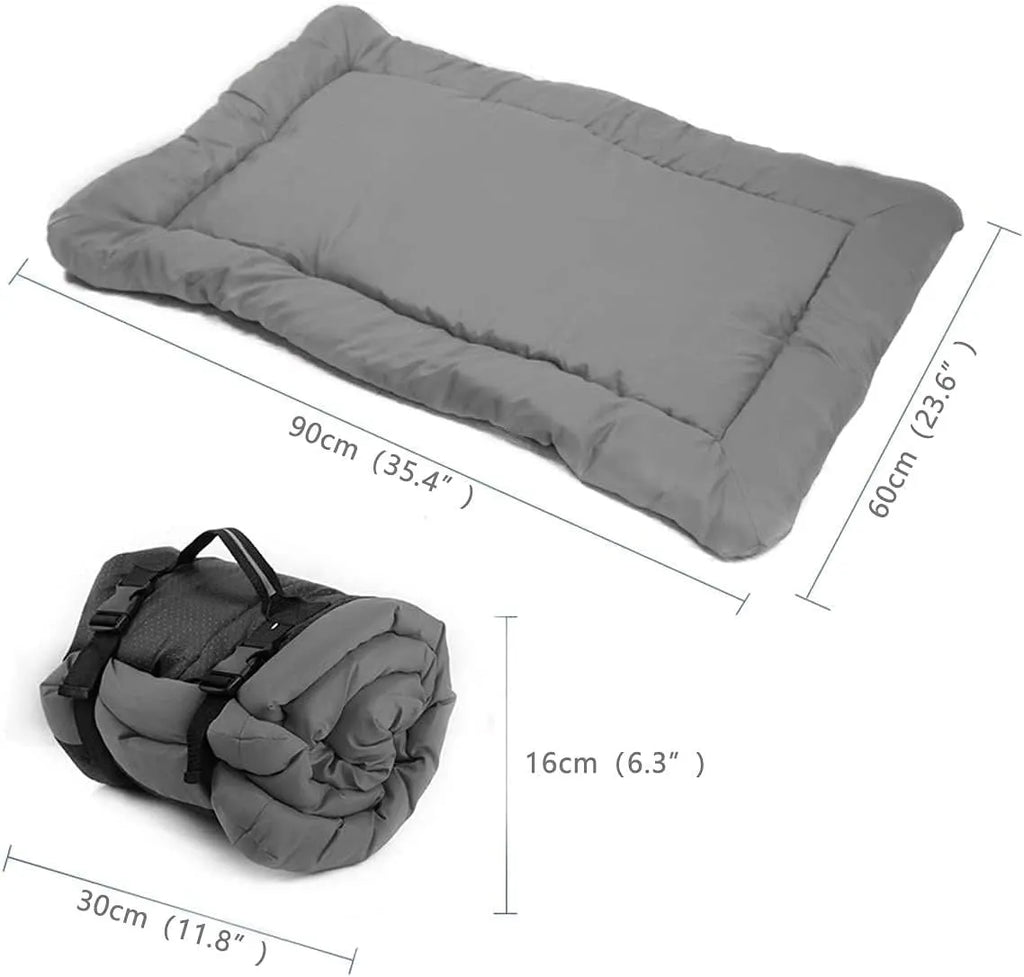 Blue foldable outdoor dog bed showing folded size next to unfolded mat on grass