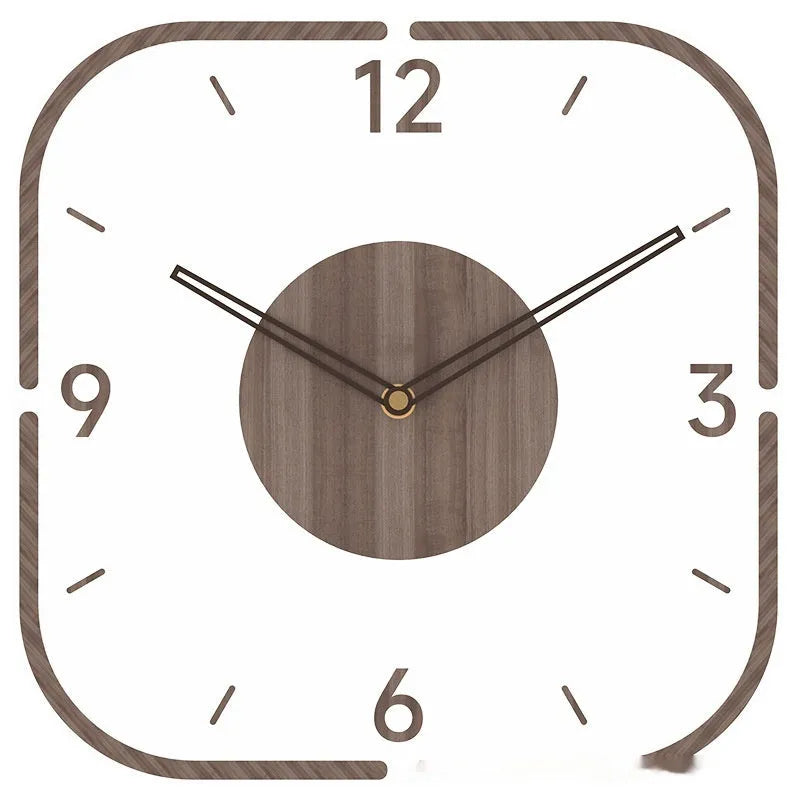 Transparent wooden wall clock with square 35cm dial in modern framed and frameless designs
