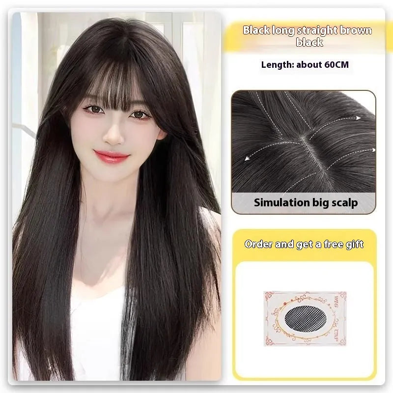 Forehead lace long straight full-head wig with side bangs in high temperature fibre material