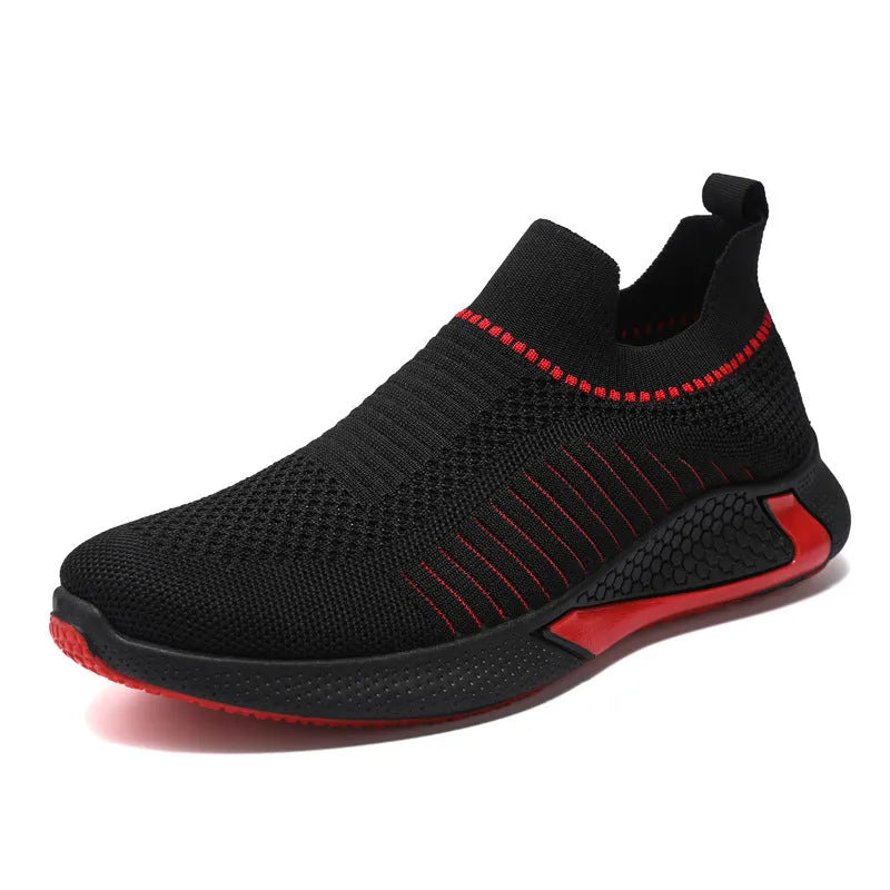 Men's black and white striped mesh slip-on sneakers with lace-up front on a white background