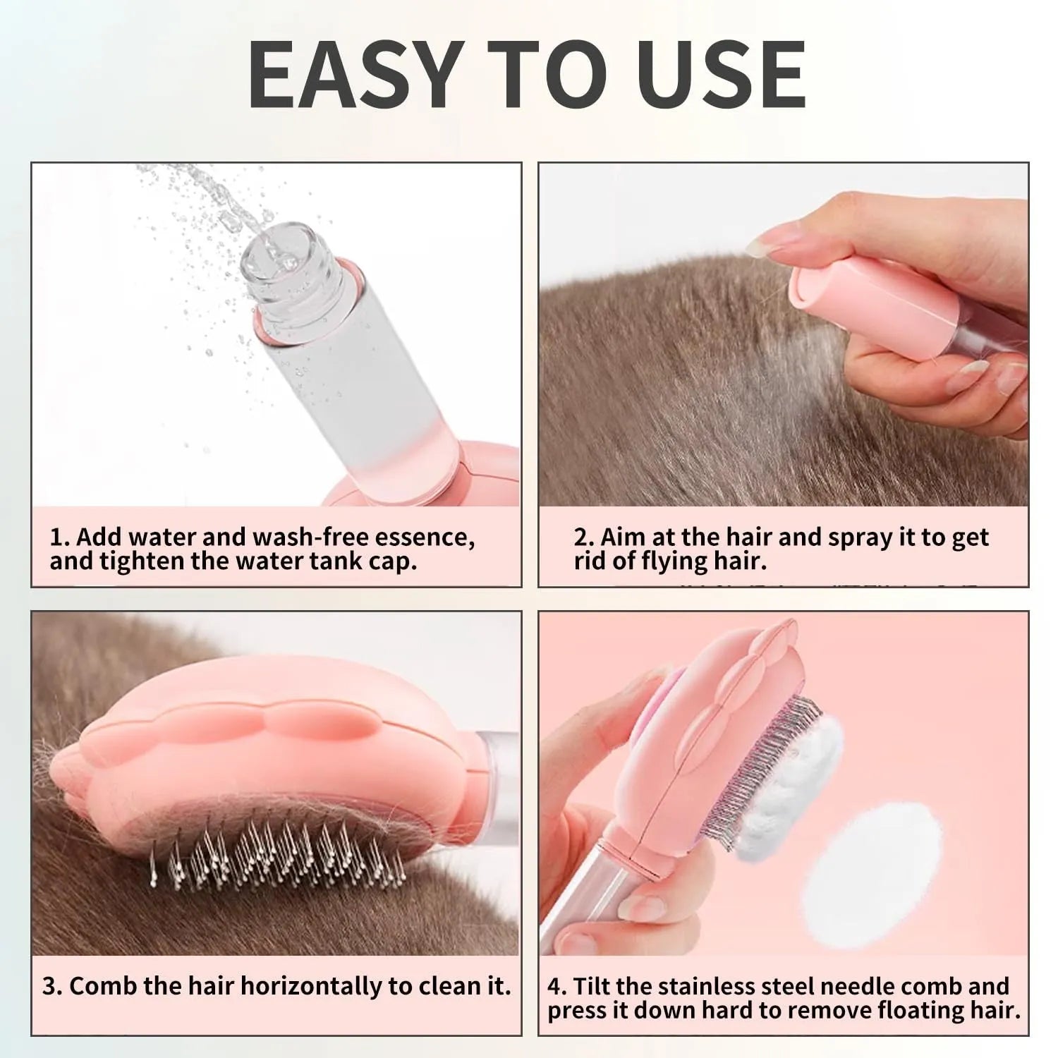 Grey spray cat grooming brush with a release button and stainless steel bristles on a wooden table.