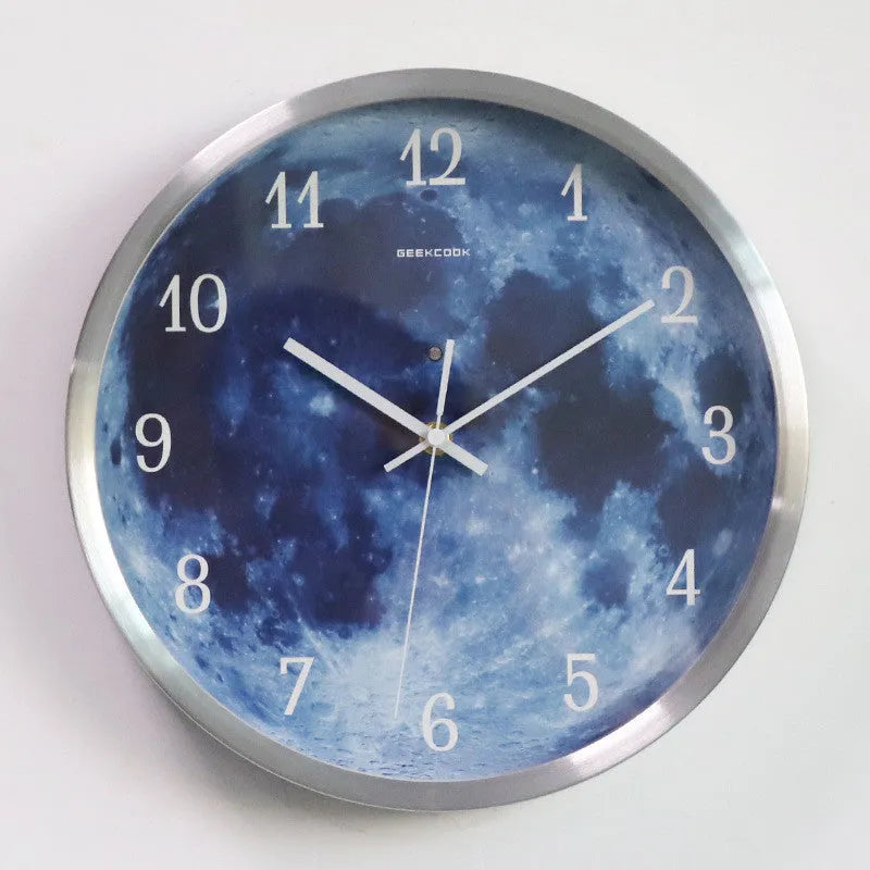 12-inch blue moon wall clock with metal frame, luminous silent movement, 30cm diameter, available in five colours