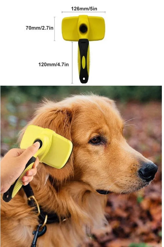 Pet automatic retractable comb with stainless steel needles, ABS and TPR, 19x12.6cm, in green or yellow.