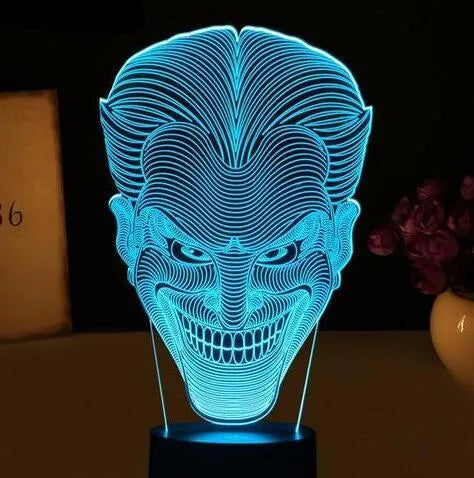 3D LED acrylic table lamp with USB cable and remote control showing multiple colour options