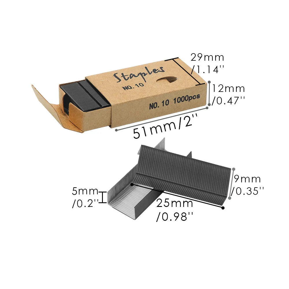 A box of 1000 metal office staples available in black, purple, rose gold, and rose red colours.