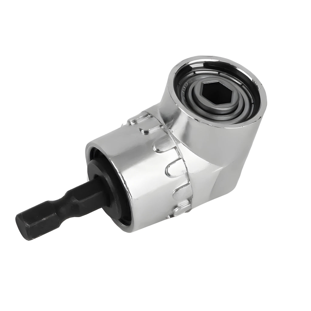 Silver turning screwdriver with a 105-degree flexible shaft and magnetic quick-release handle for use in corners.