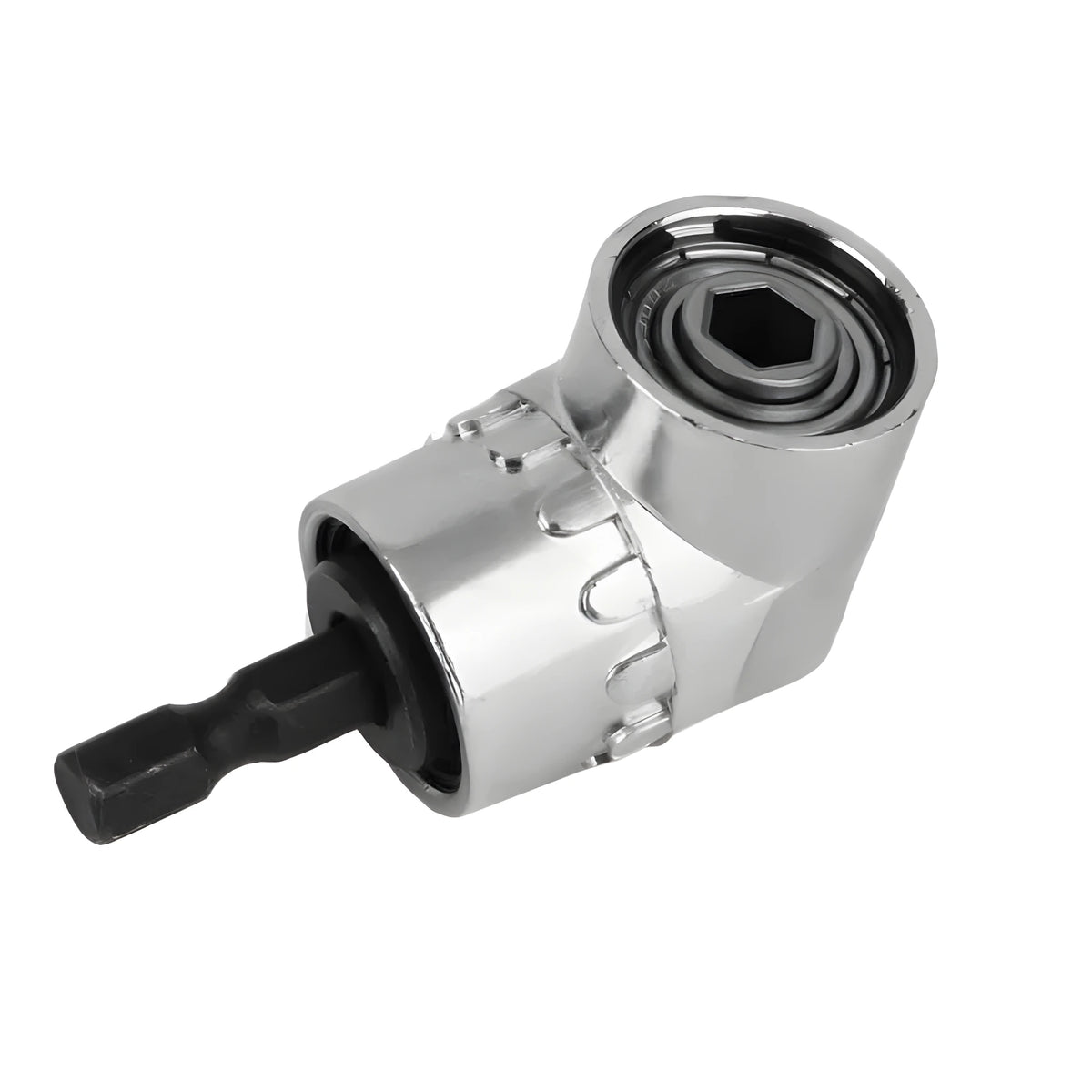 Silver turning screwdriver with a 105-degree flexible shaft and magnetic quick-release handle for use in corners.