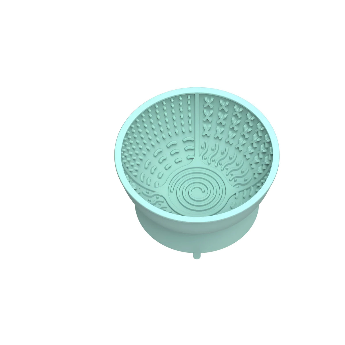 Cyan silicone pet licking mat slow feeding bowl with suction cup base, textured surface patterns