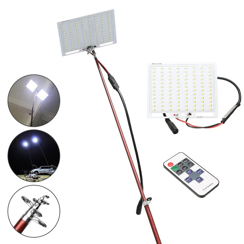 White LED fishing rod light unit mounted on top of an extended telescopic pole, with an RF remote control beside it.