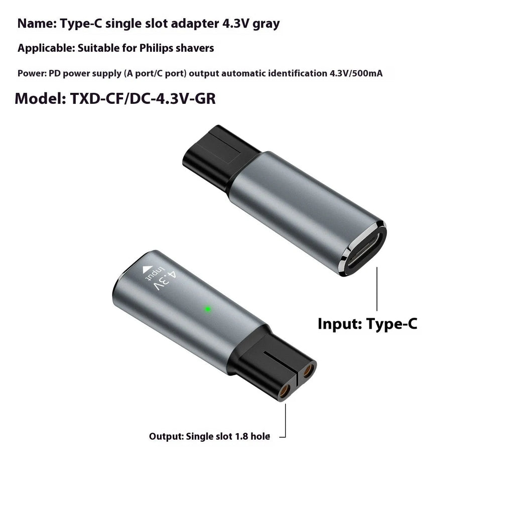 Black USB-C charging adapter for electric shavers with aluminium alloy construction and 4.3V output