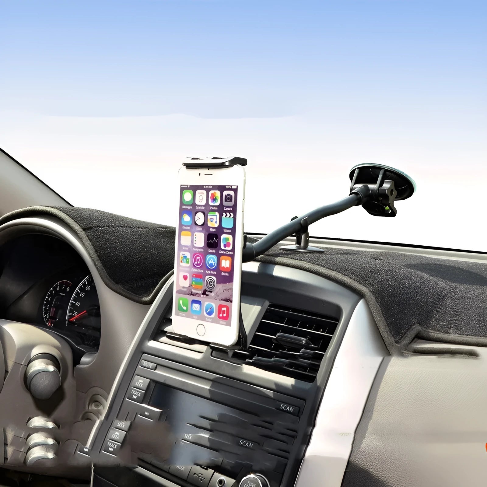 Black vehicle-mounted tablet and phone holder with lifting bracket and long suction cup arm.