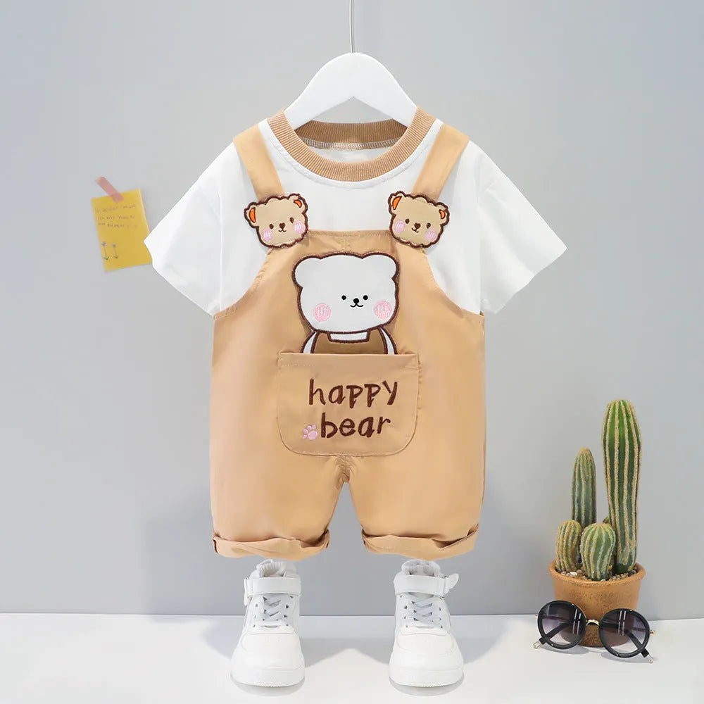 Yellow cartoon print short-sleeved baby overalls with adjustable straps on a hanger.