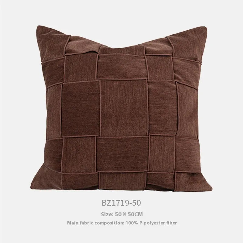 Square chenille woven cushion in beige, black, orange, reddish brown, green, coffee or taupe, 50cm size.