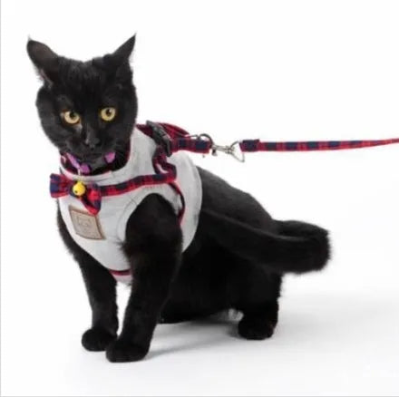 Red cat harness with 125cm traction rope, knitted fabric and cotton cloth, sizes XS S M