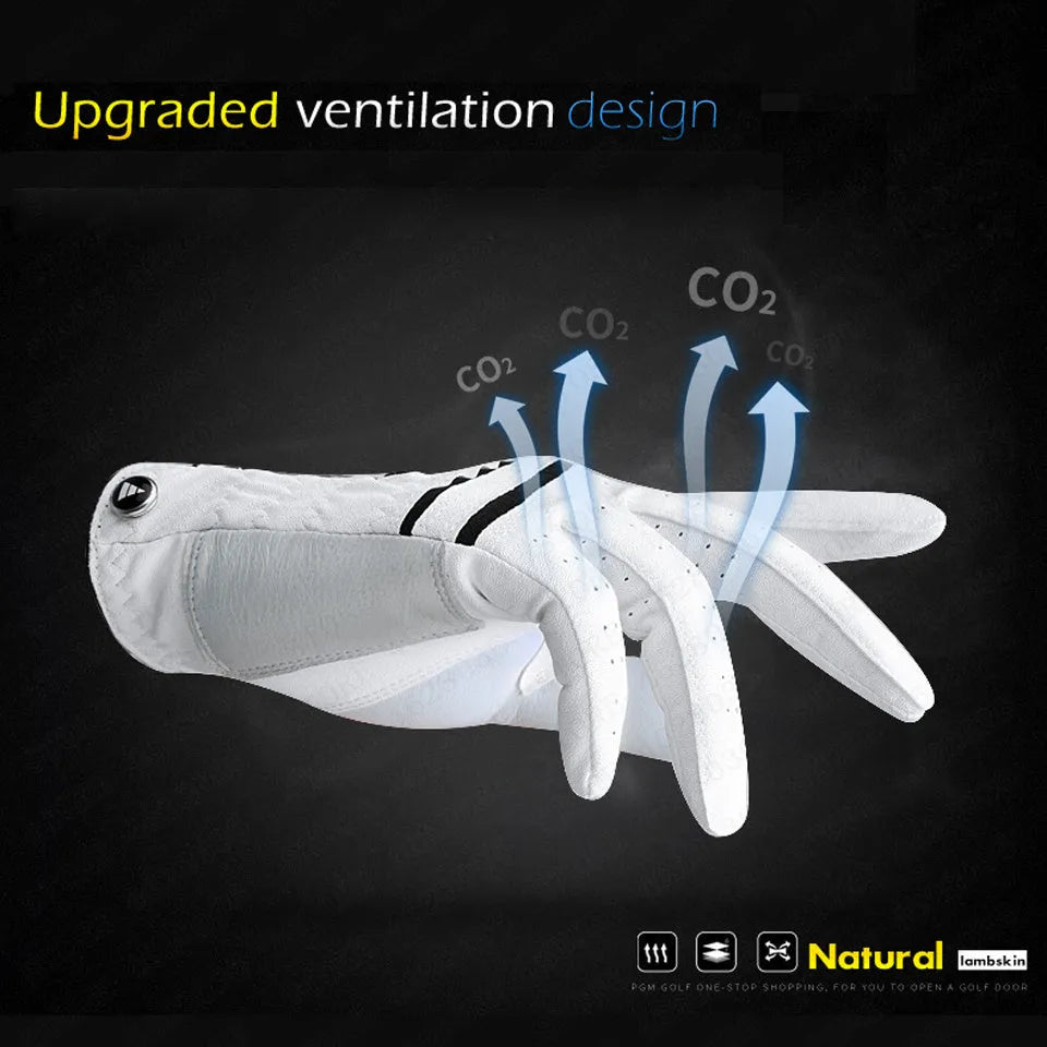 Summer thin section golf glove in real sheepskin leather with anti-skid particles, breathable pores and Velcro closure.