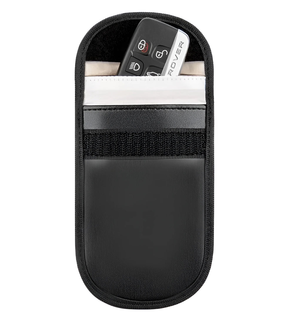 Black microfiber Faraday cage bag for blocking car key and RFID signals, size 13.5cm by 9.5cm.