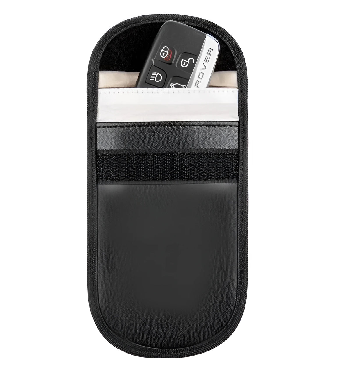 Black microfiber Faraday cage bag for blocking car key and RFID signals, size 13.5cm by 9.5cm.