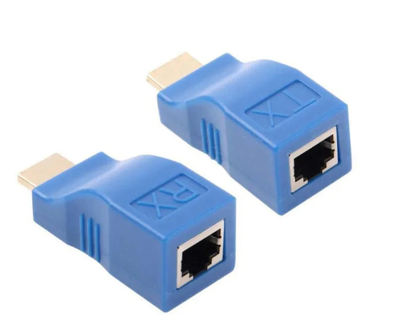 HDMI extender transmitter and receiver unit pair for signal extension over network cable.
