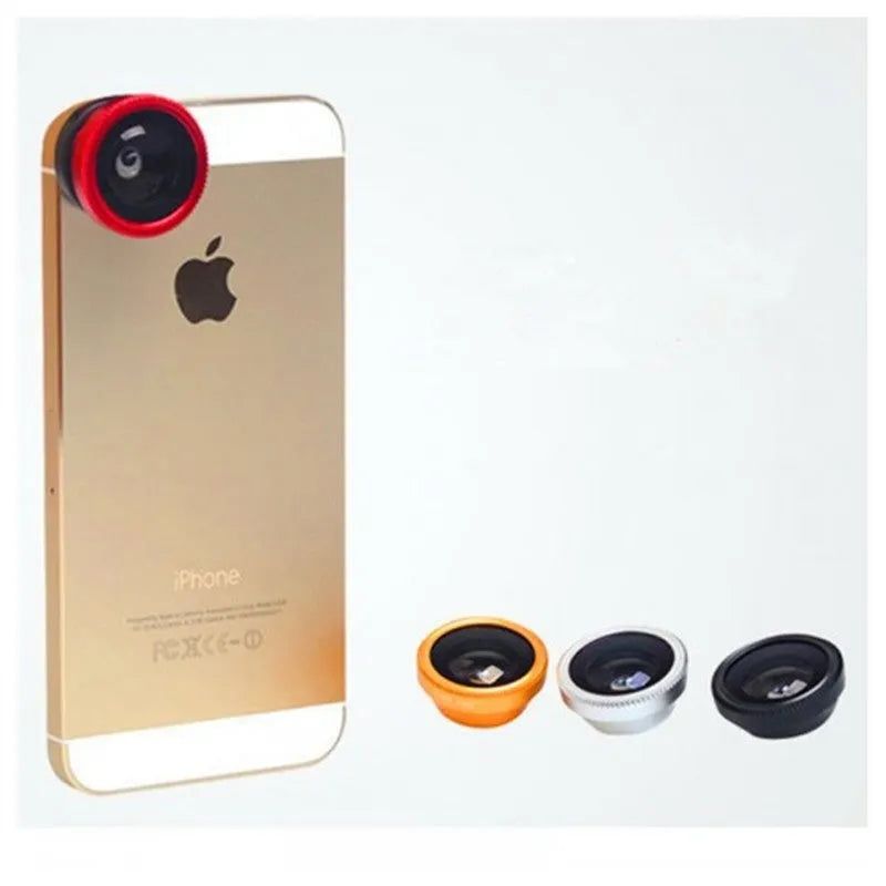 3-in-1 mobile phone camera lens kit with fisheye, wide angle and macro lenses in metal construction
