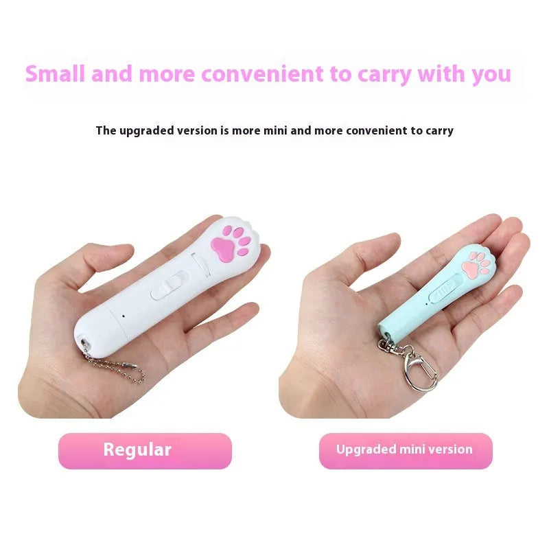 Rechargeable handheld cat teasing stick in blue with laser pattern and moonlight lamp functions.