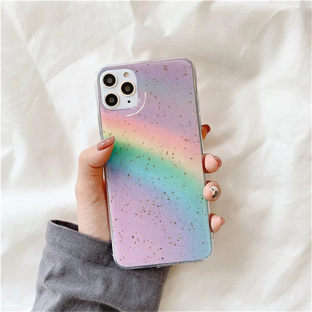 Rainbow gradient iPhone case with horizontal stripes on a white background