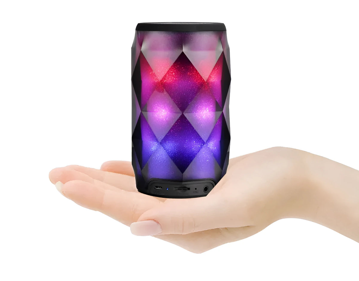 Black crystal diamond-cut Coca-Cola can shaped Bluetooth speaker lantern with colourful lights.