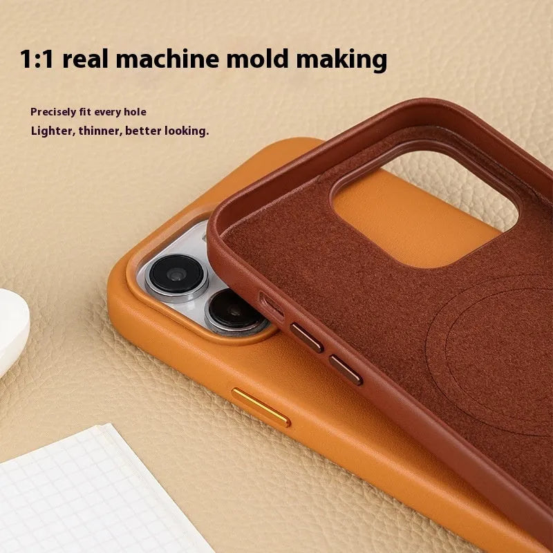 Magnetic leather phone case for iPhone 14 series in Midnight, Golden Brown, Pine Green, Thick Ink, Ochre Red.