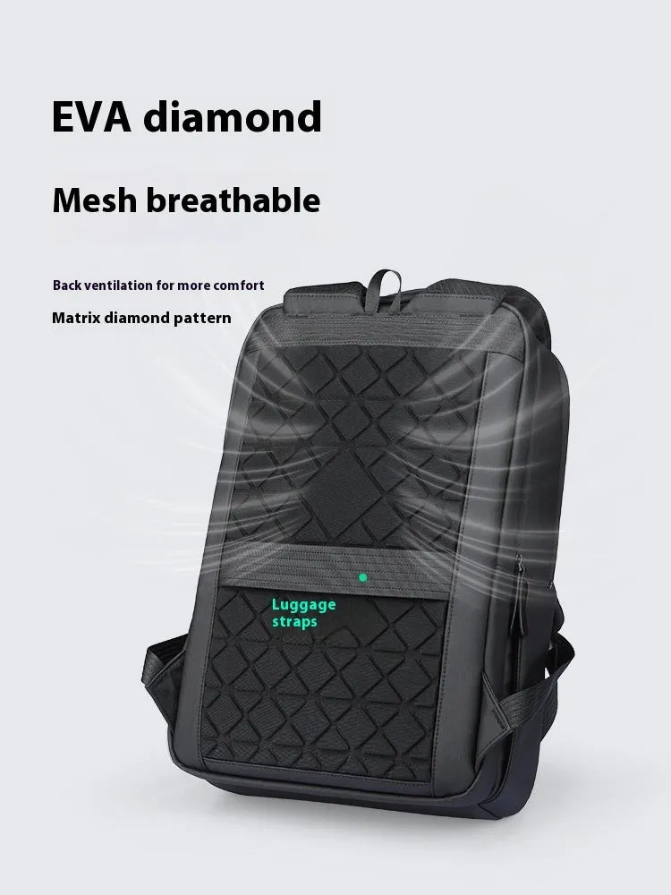 Graphite grey USB business backpack with Oxford cloth construction and visible stitching details