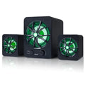 Green 2.1 USB computer speaker with colourful glowing lights on a desk.