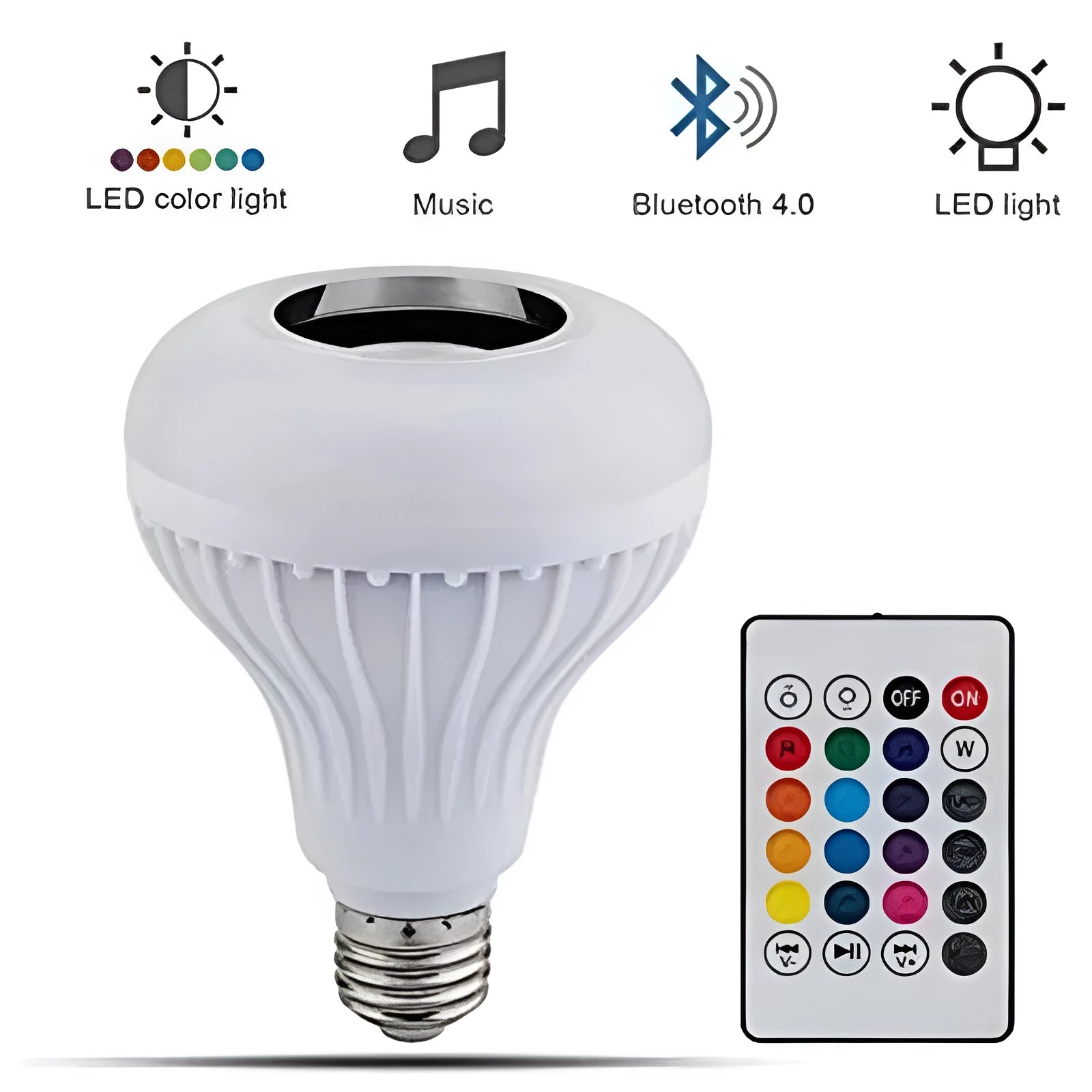 White Bluetooth smart light bulb with E27 base and remote control for 16 colour options and audio.