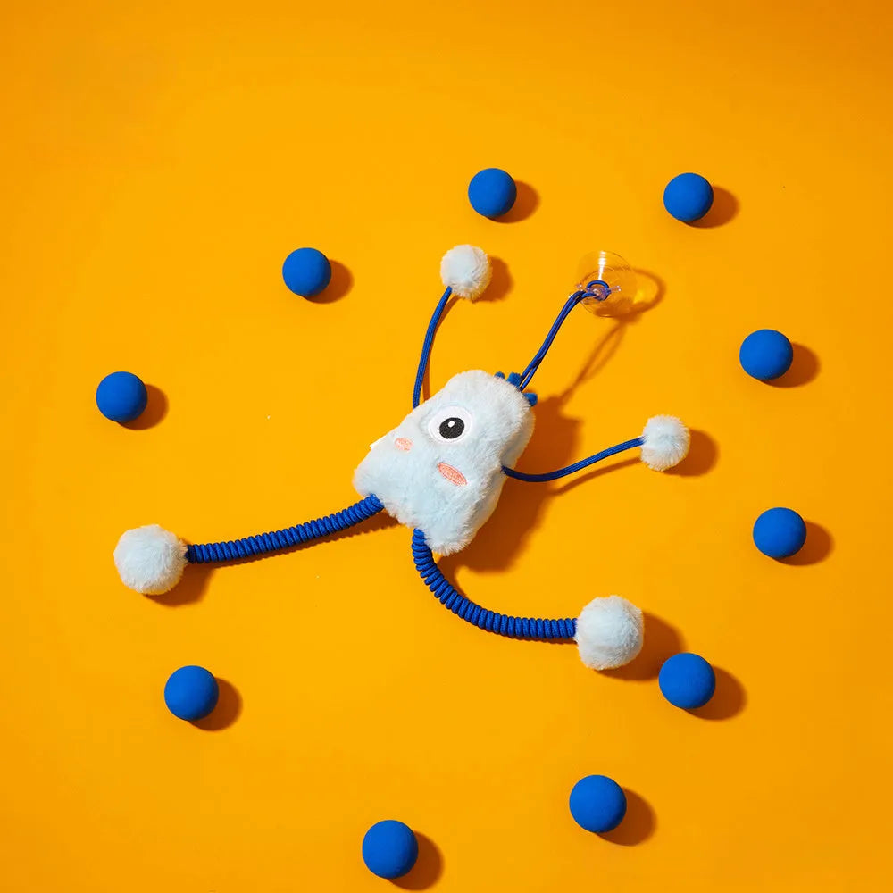 Blue plush telescopic elastic cat toy with a metal mint bell on a 30cm elastic rope.