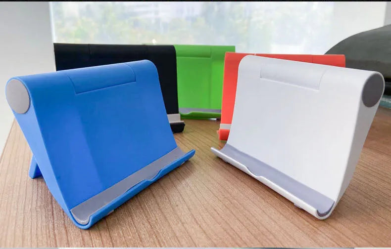 Black PE folding tablet stand holding a mobile phone at an adjustable angle