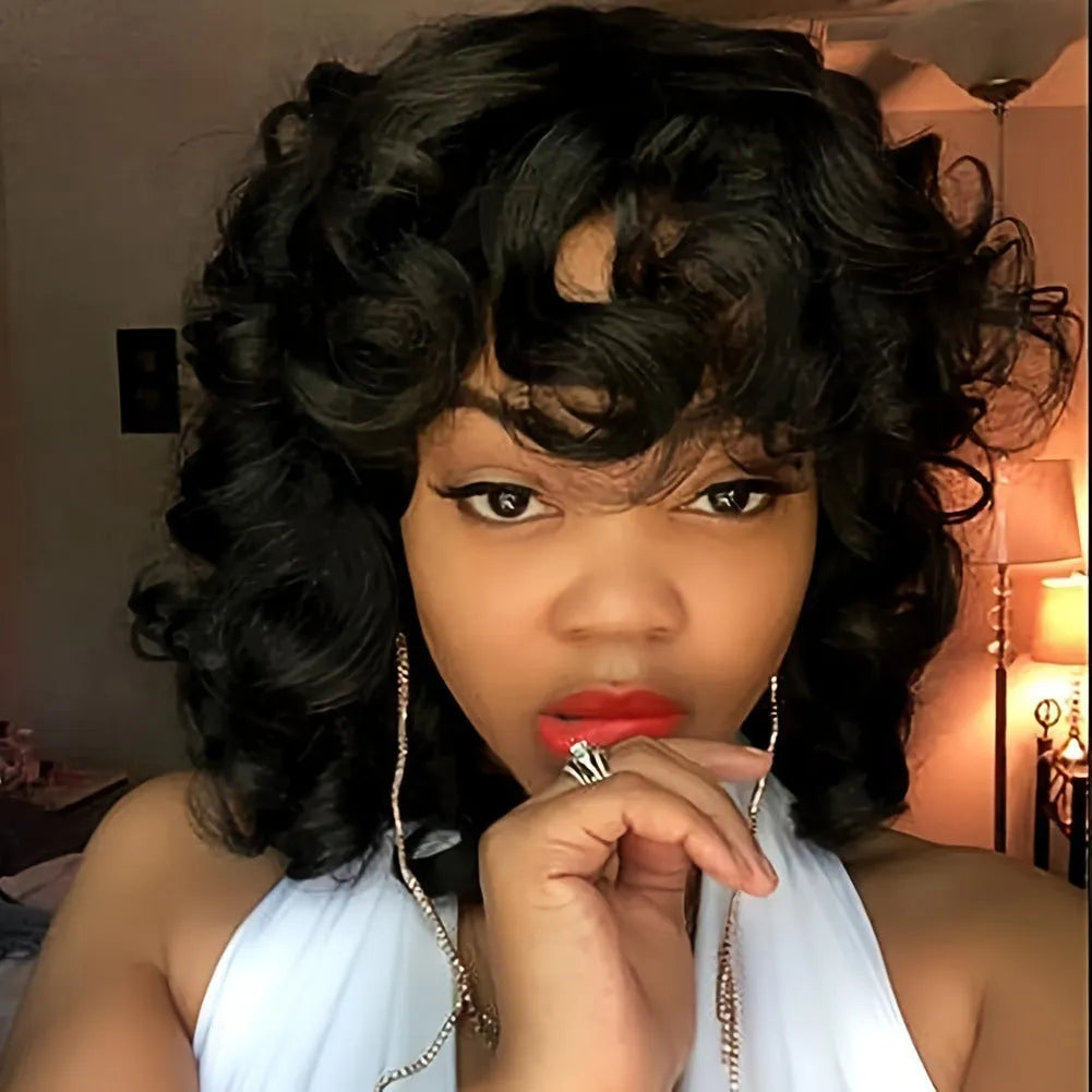 Black synthetic Afro wig with long curly hair on a display head