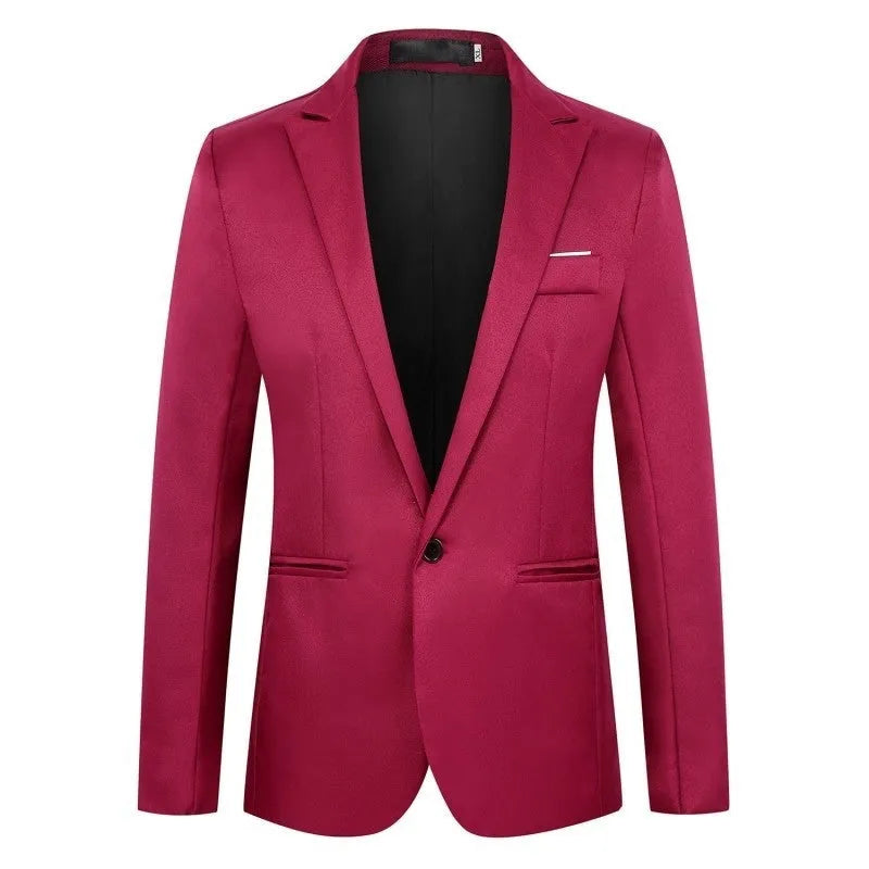 Men's loose fit acetate fibre suit for weddings in multiple colours including black, blue, grey, and wine red.