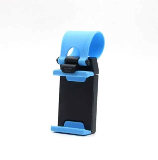 Black universal steering wheel phone holder clip for smartphones showing silicone pad