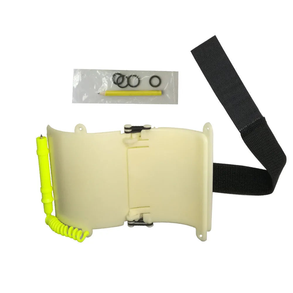 White luminous ABS dive wristboard for underwater handwriting, shown with pencil and O-ring.